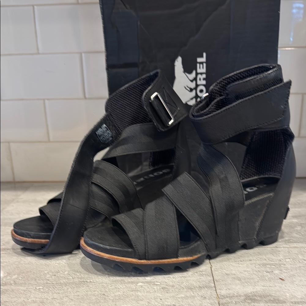 Sorel Black Joanie Gladiator II Wedge Shoes Black